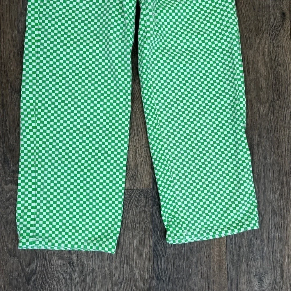 Shekou Women Size XS Linen Green Checkered Straight Leg High Waisted Trousers